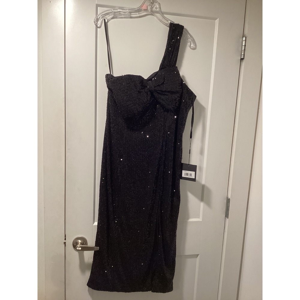 IEENA for Mac Duggal Black Sequin One Shoulder Bow Cocktail Dress 11286 Size 6